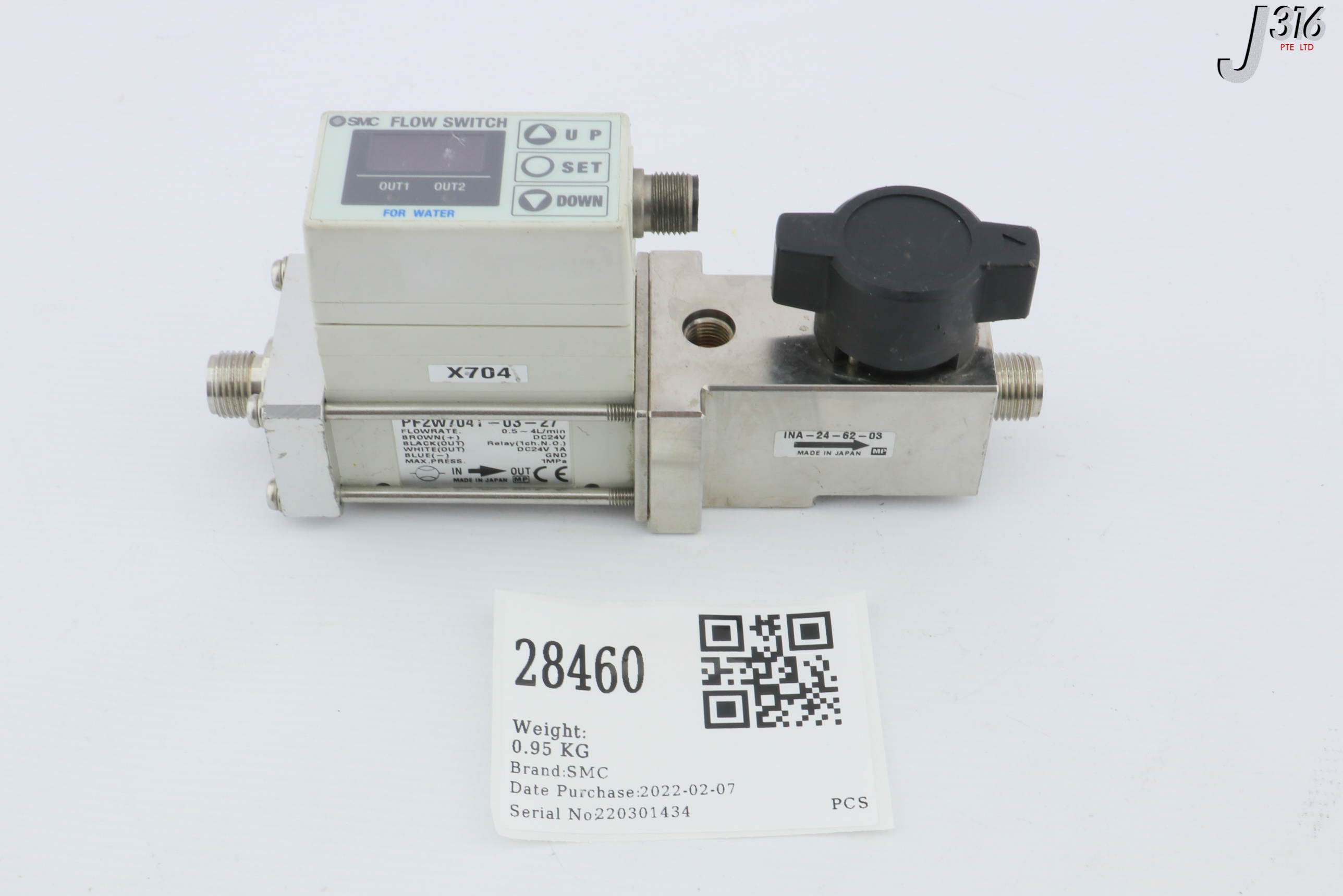 28460 SMC FLOW SWITCH W/ MECHANICAL VALVE INA-24-62-03 PF2W704T-03